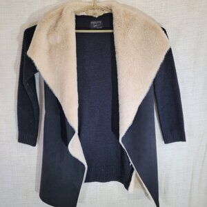 Twelfth Love Open Cardigan Womens Large Black Faux Fur Sweater Jacket